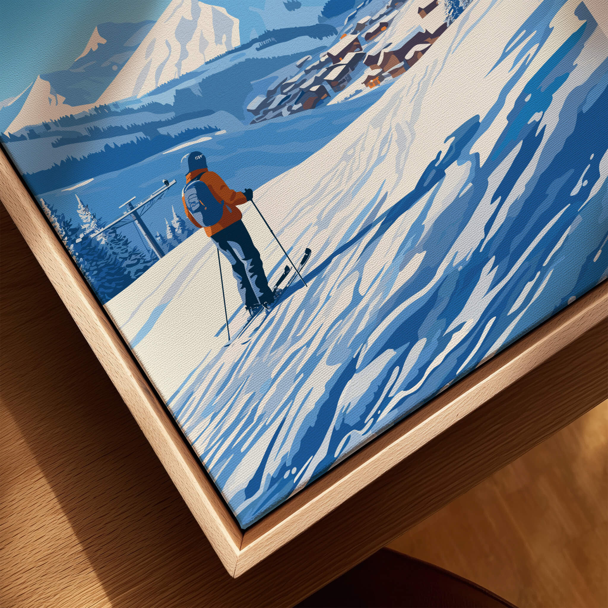 Morzine Ski Poster featuring a skier on snowy slopes in Morzine, showcasing beautiful mountain scenery.