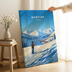 Morzine Ski Poster featuring a skier with snowy mountains in the background, a beautiful wall art print for ski lovers.