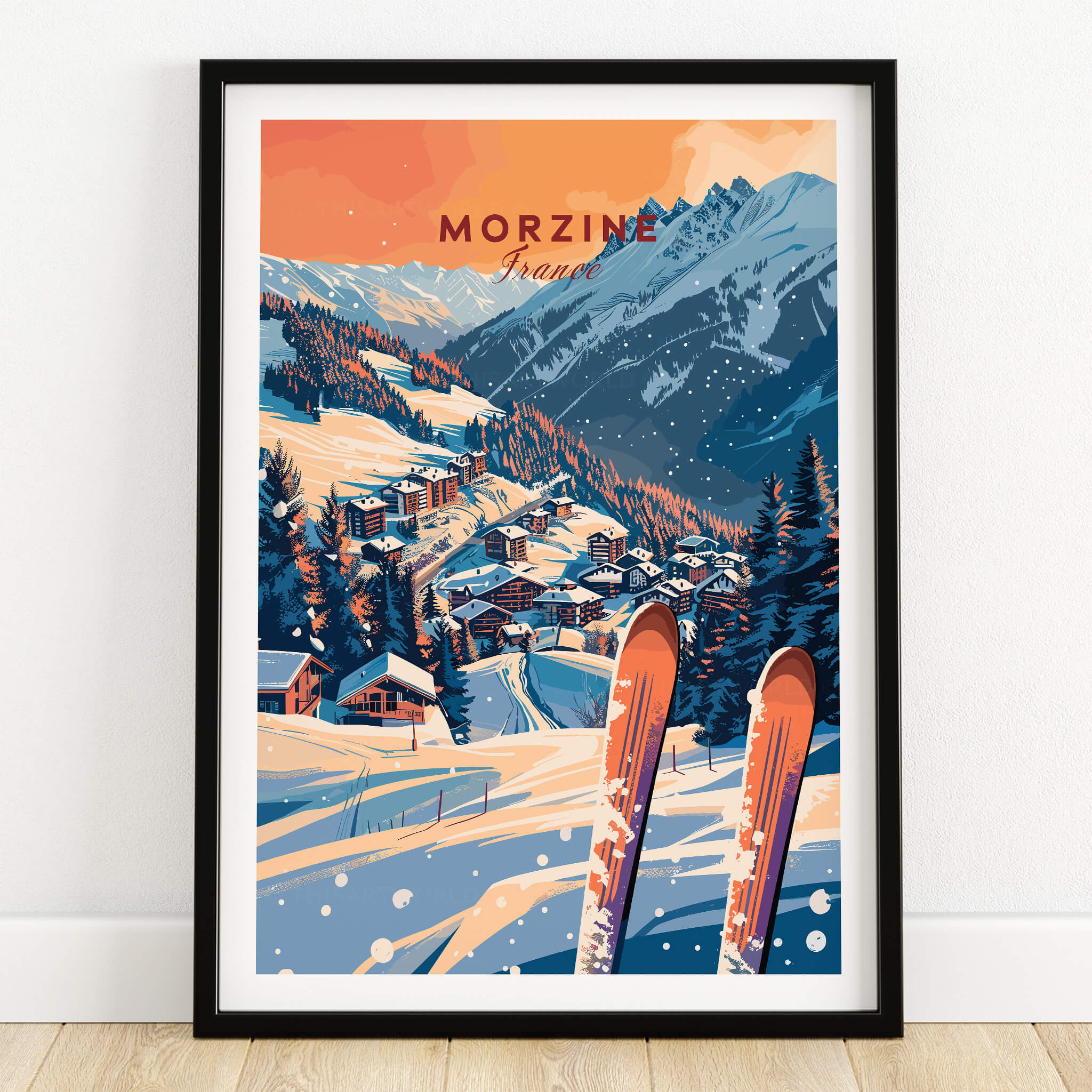 Morzine Wall Art Print - Ski Poster featuring a scenic snowy village in Morzine, France with ski poles in the foreground.