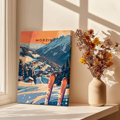 Morzine Wall Art Print - Ski Poster displayed indoors with a vase and flowers, featuring mountain scenery and ski equipment.