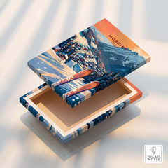Morzine Wall Art Print - Ski Poster design on a wooden box with skis and mountain scenery.