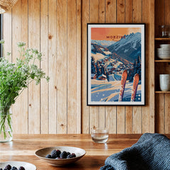 Morzine Wall Art Print - Ski Poster displayed in a wooden interior, showcasing snowy slopes and vibrant colors.