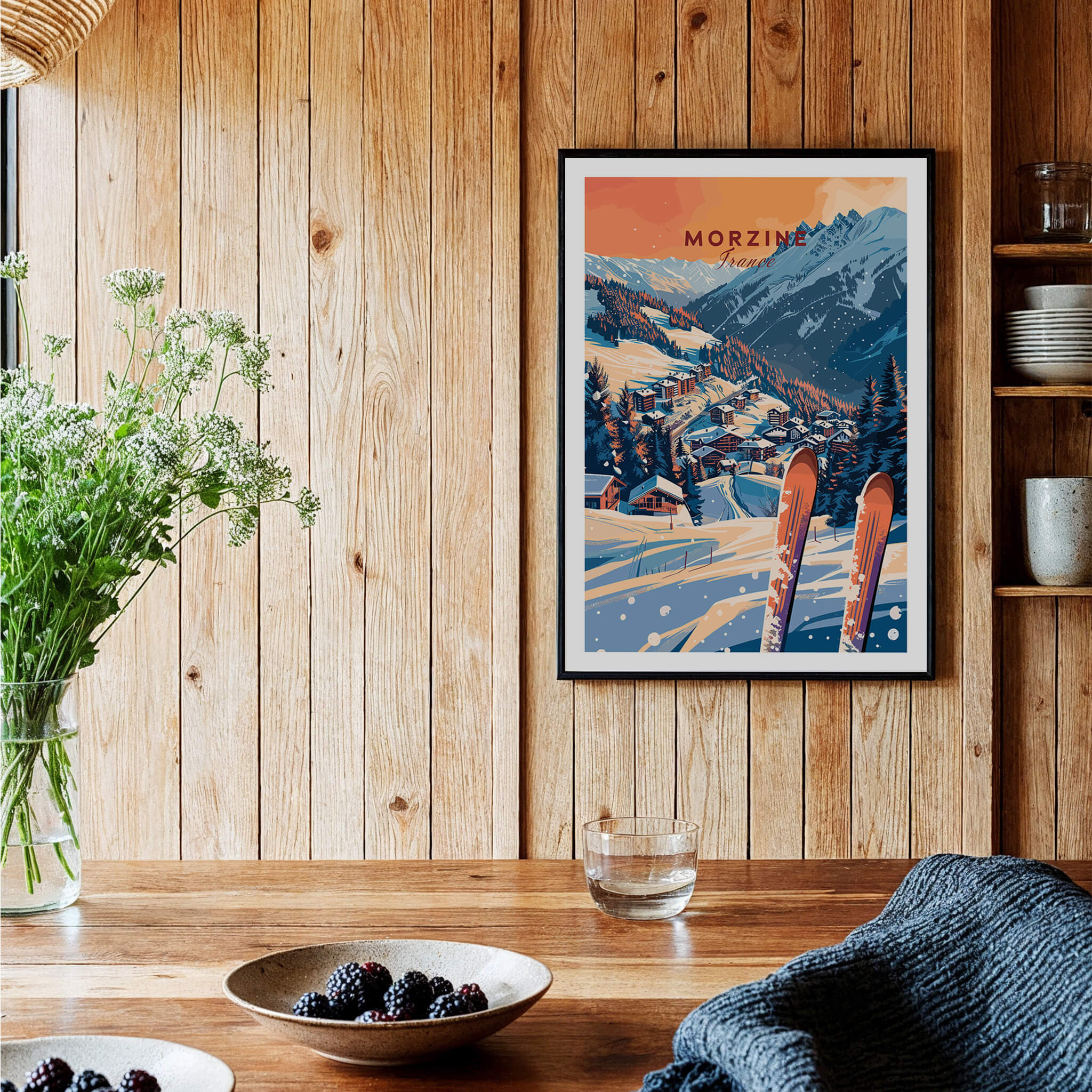 Morzine Wall Art Print - Ski Poster displayed in a wooden interior, showcasing snowy slopes and vibrant colors.