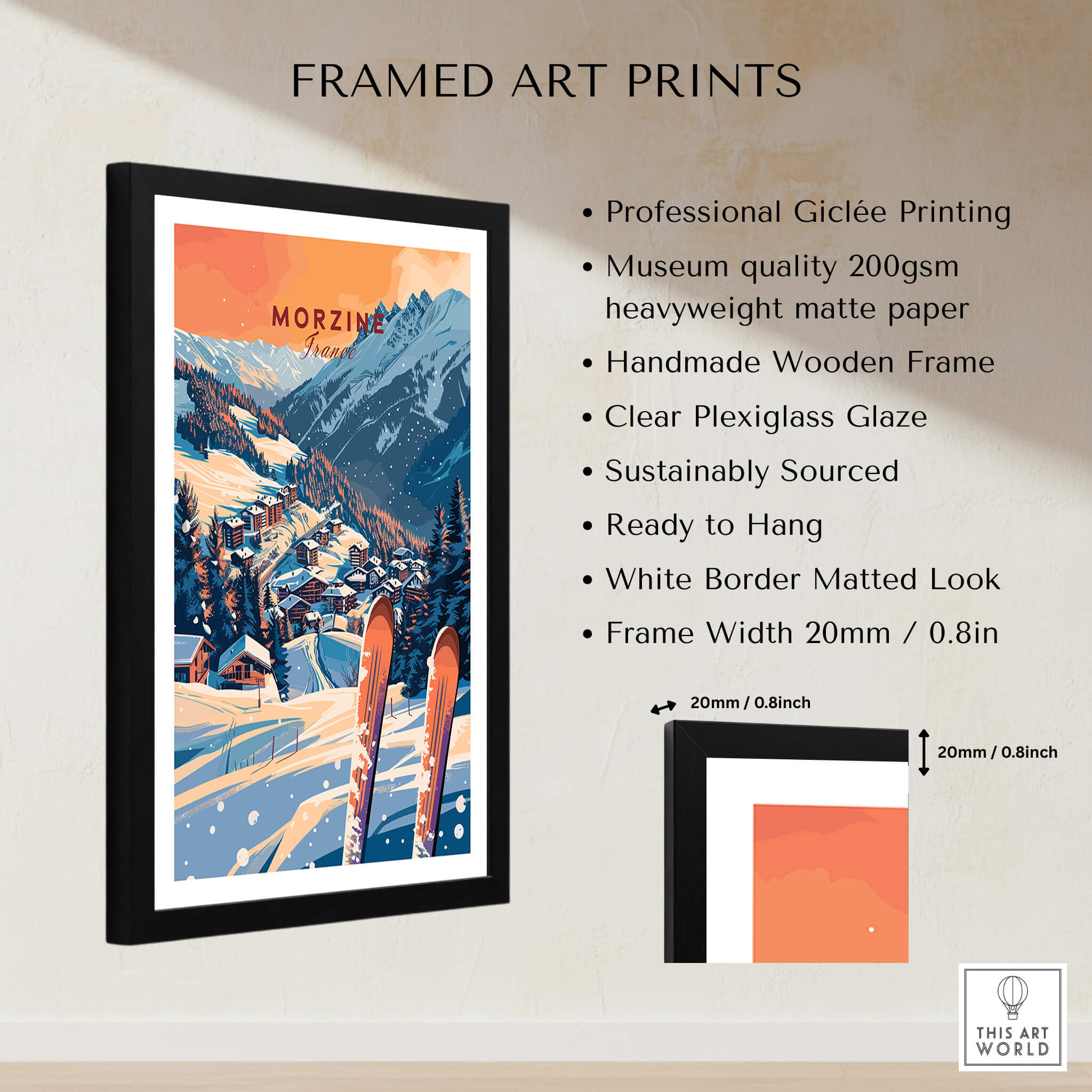 Morzine Wall Art Print - Ski Poster displayed in a handmade wooden frame with a white border and clear plexiglass.