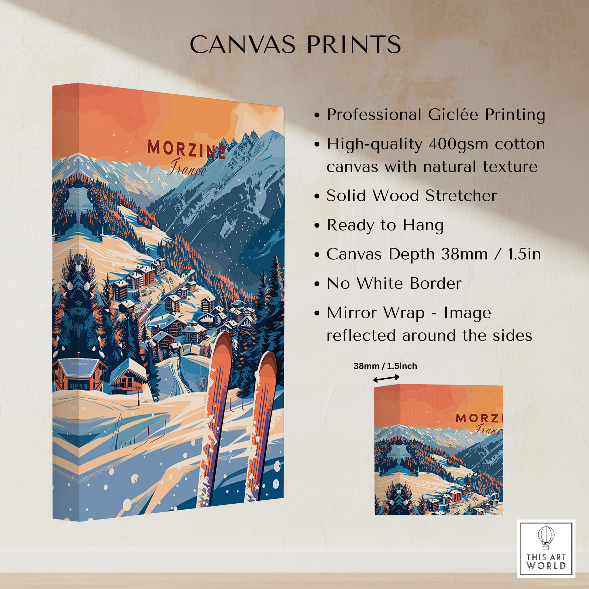 Morzine Wall Art Print - Ski Poster showcasing professional Giclée printing on high-quality canvas.