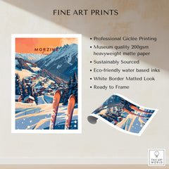 Morzine Wall Art Print - Ski Poster with colorful snow-covered mountain scene and vintage ski equipment.