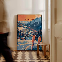 Morzine Wall Art Print - Ski Poster featuring snowy slopes and ski equipment in a beautifully designed frame.
