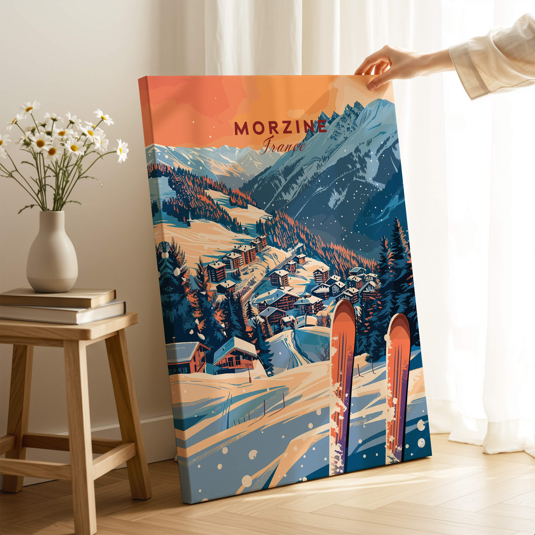 Morzine Wall Art Print - Ski Poster featuring a vibrant ski scene in Morzine, perfect for home decor.