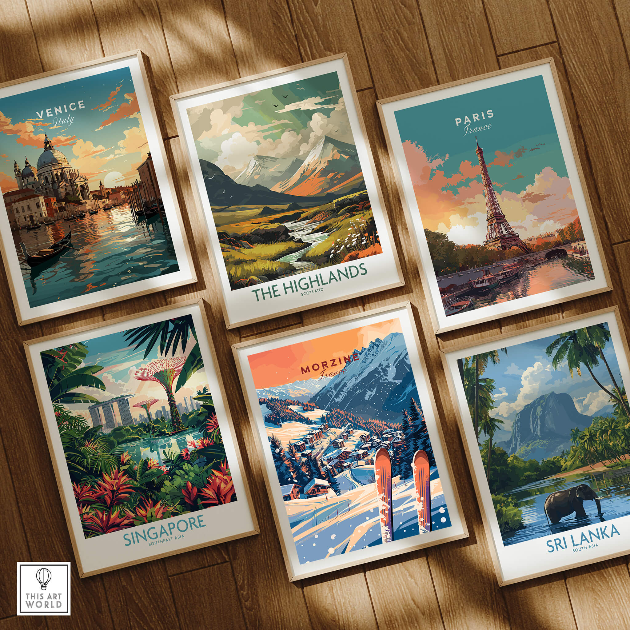 Morzine Wall Art Print - Ski Poster among framed travel posters featuring Venice, The Highlands, Singapore, Paris, and Sri Lanka.