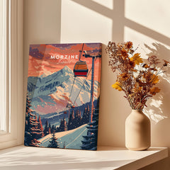 Morzine Art Print - Ski Poster featuring a vibrant ski scene with a gondola and mountains.