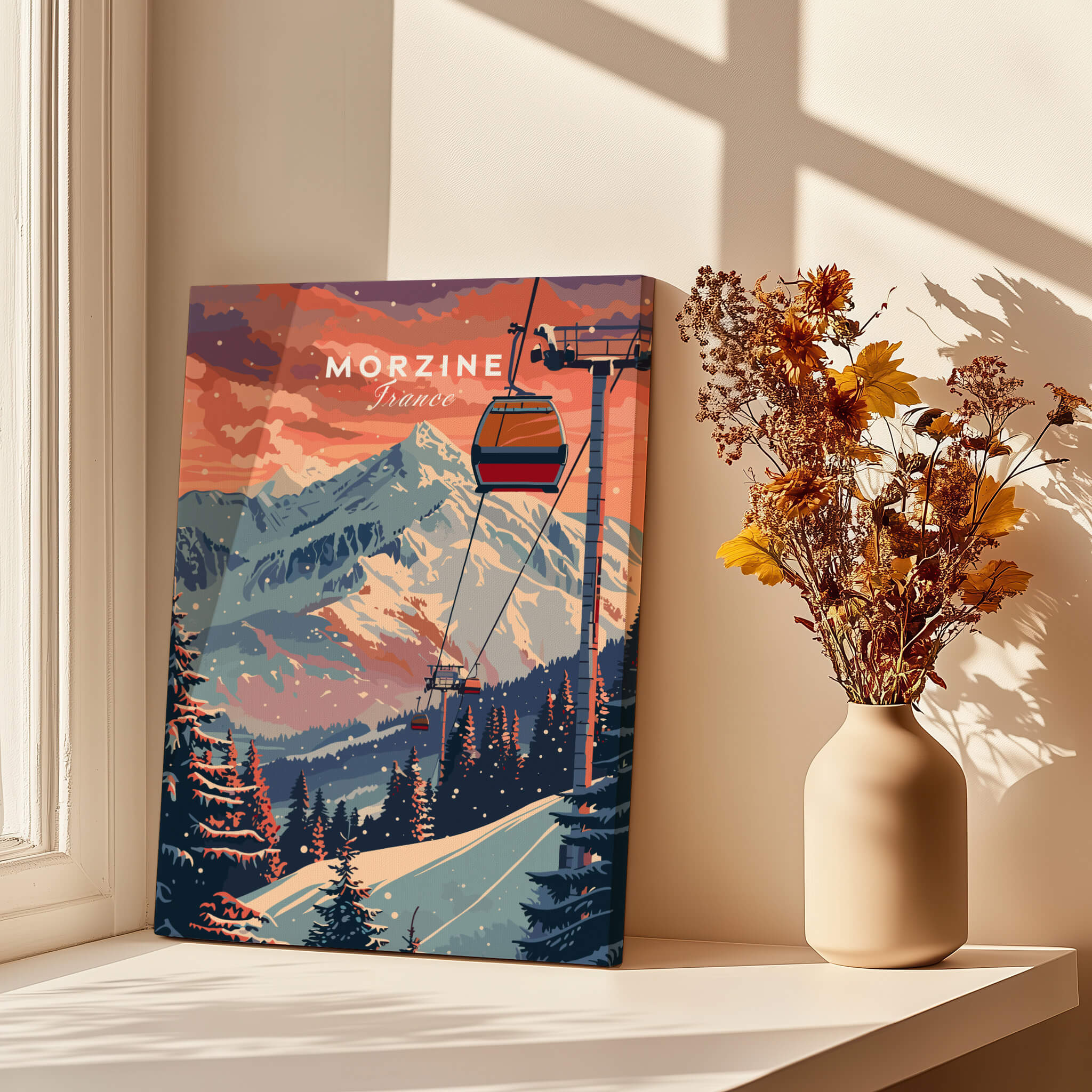 Morzine Art Print - Ski Poster featuring a vibrant ski scene with a gondola and mountains.