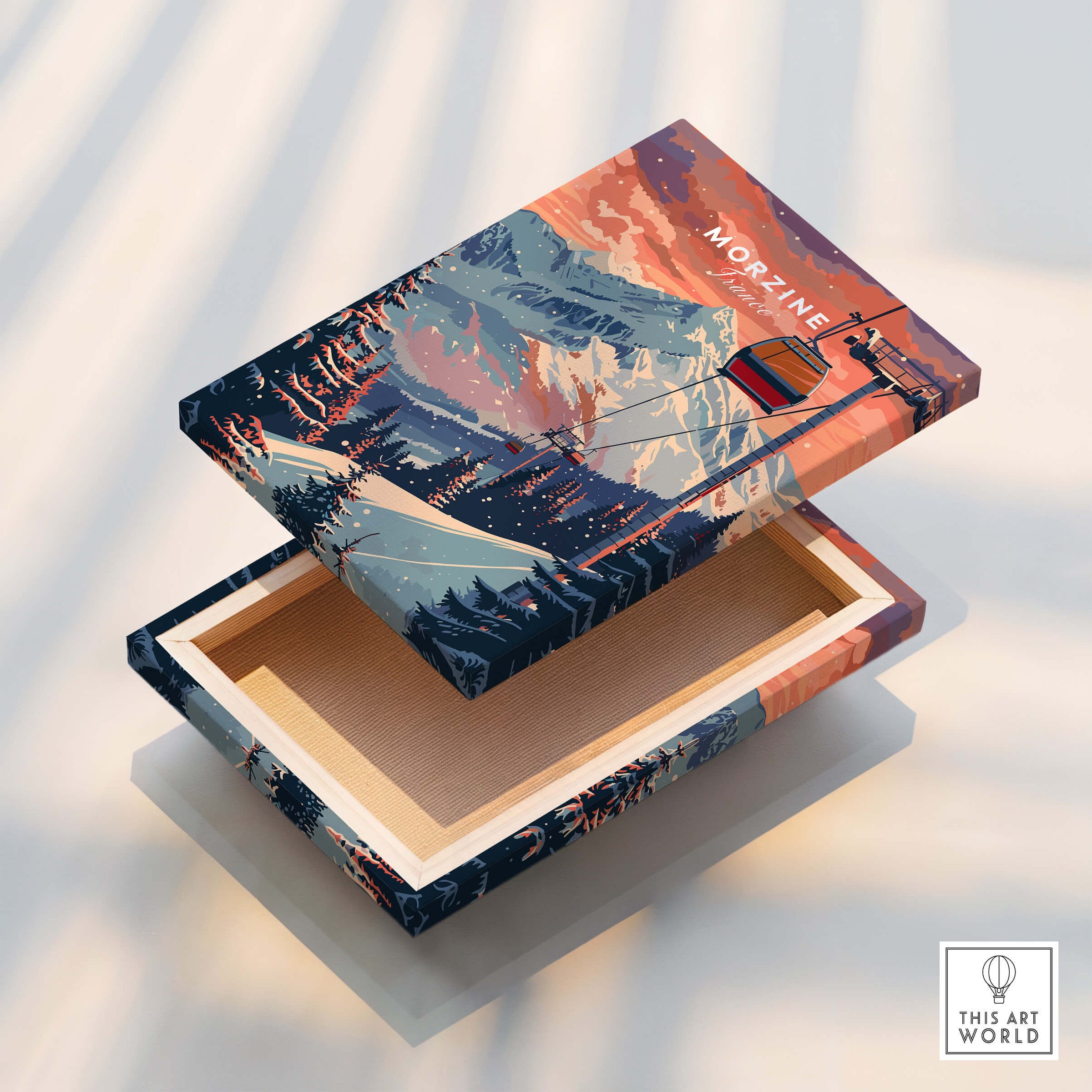 Morzine Art Print - Ski Poster design featured on a decorative box with mountain scenery and ski lift illustration.