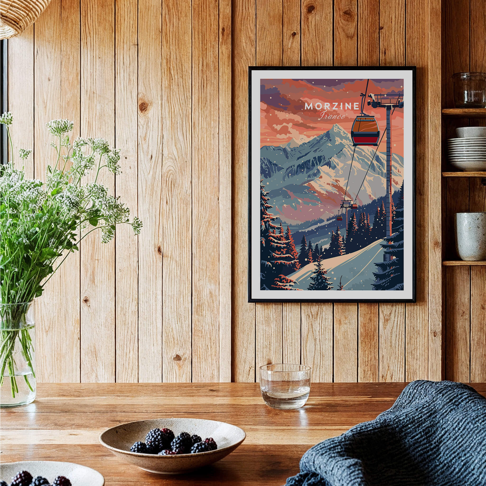 Morzine Art Print - Ski Poster showcasing a scenic winter landscape with a ski lift and vibrant colors.