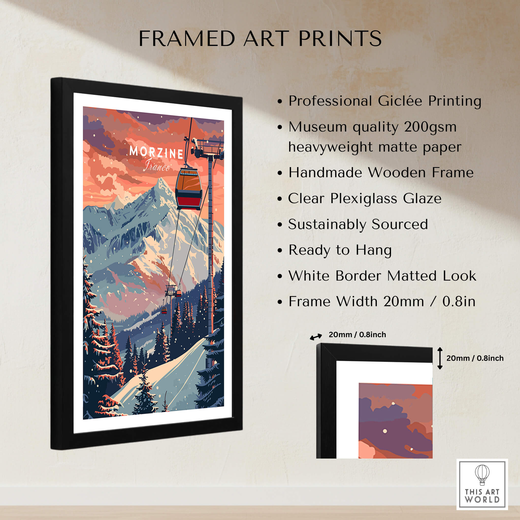 Morzine Art Print - Ski Poster framed art print showcasing professional giclée printing and a vibrant ski scene.