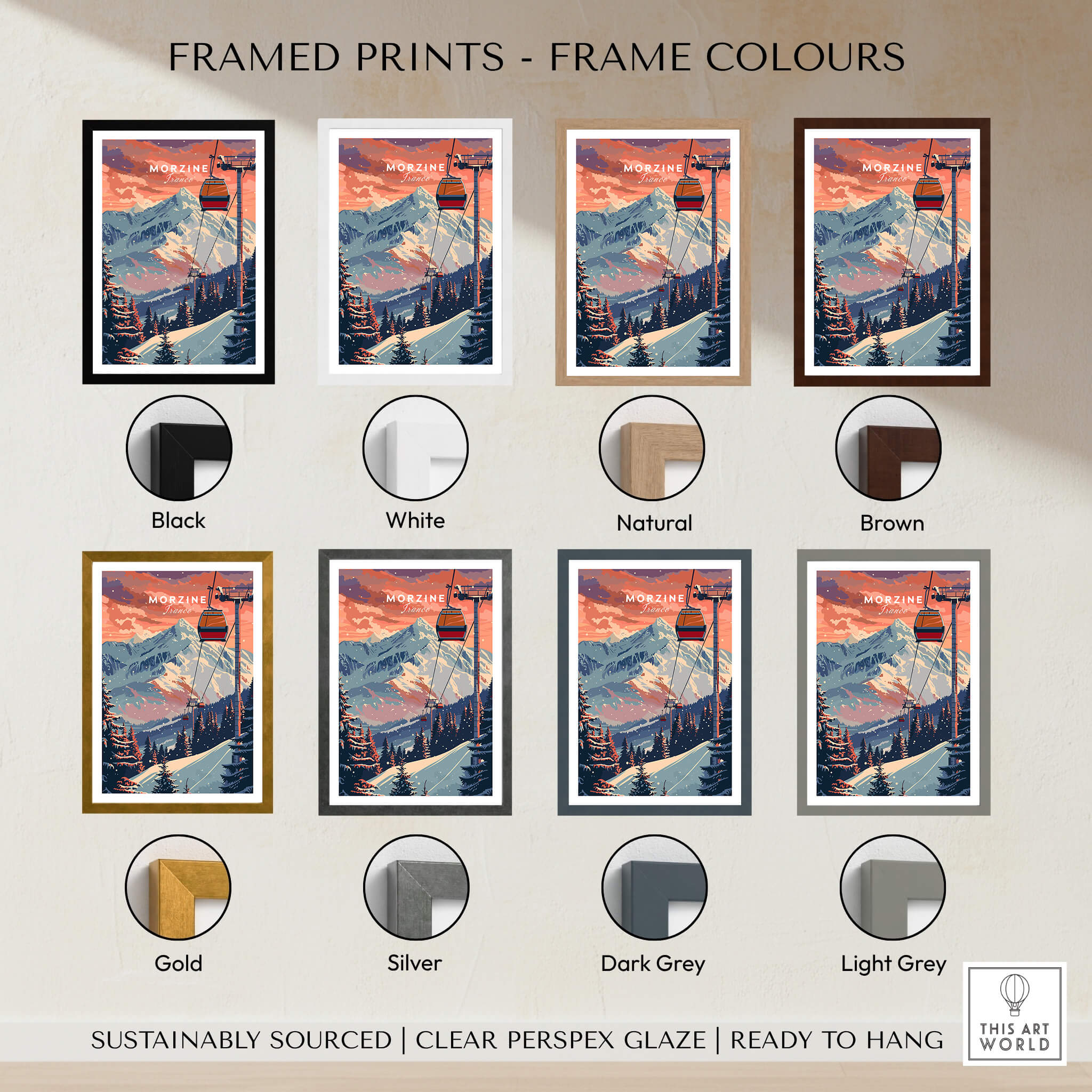 Framed prints showcasing Morzine Art Print - Ski Poster in various frame colors including black, white, natural, and brown.