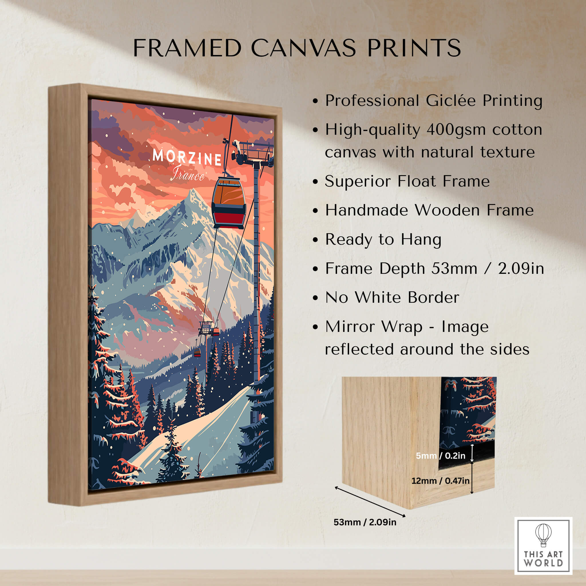 Morzine Art Print - Ski Poster featuring a scenic ski landscape with a chairlift and vibrant mountains.