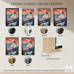 Framed canvas color options for Morzine Art Print - Ski Poster, showcasing various frames like black, white, natural, brown, gold, and silver.