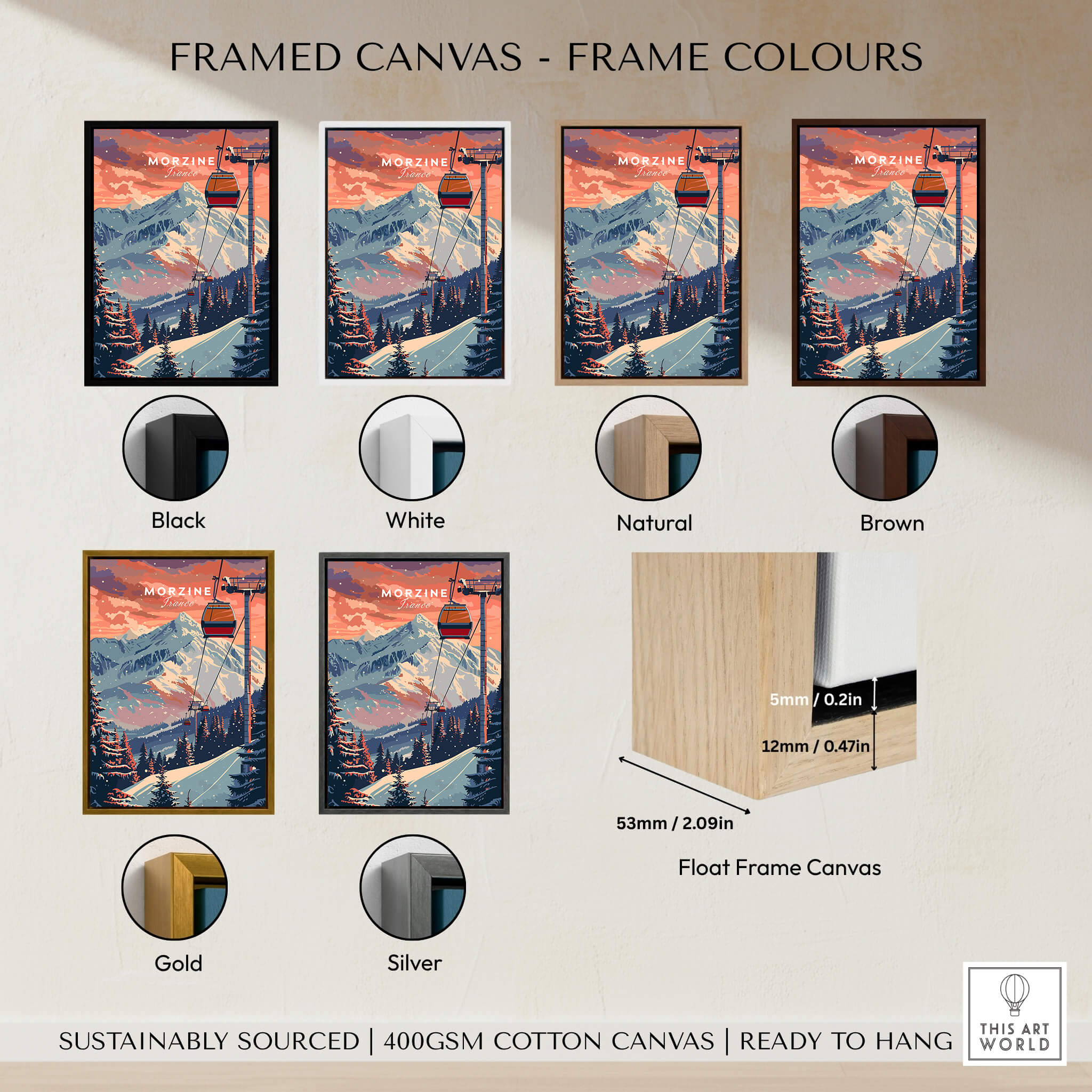 Framed canvas color options for Morzine Art Print - Ski Poster, showcasing various frames like black, white, natural, brown, gold, and silver.