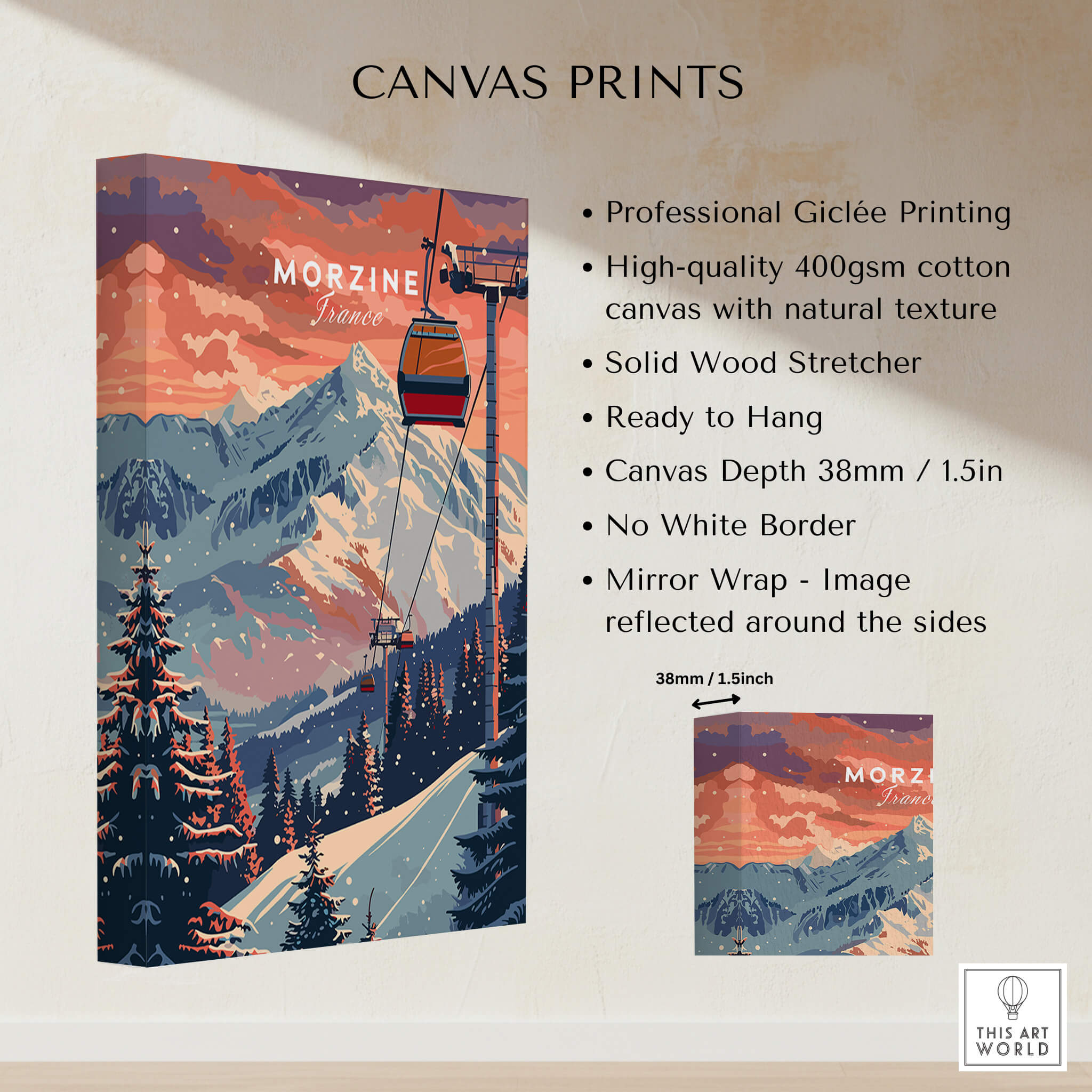 Morzine Art Print - Ski Poster showcasing a stunning mountain landscape with a ski lift.