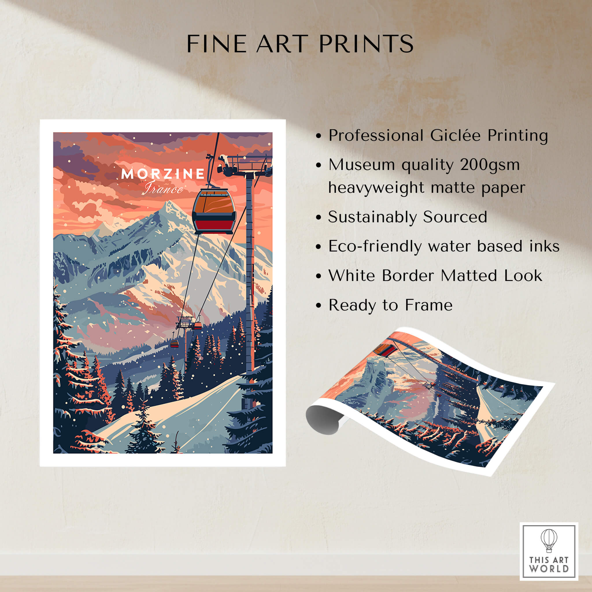 Morzine Art Print - Ski Poster showcasing vibrant ski slopes and mountains, ideal for home or office decor.