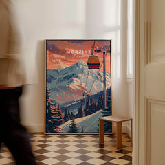 Morzine Art Print - Ski Poster displayed in a home setting with mountains and ski lift in the background.
