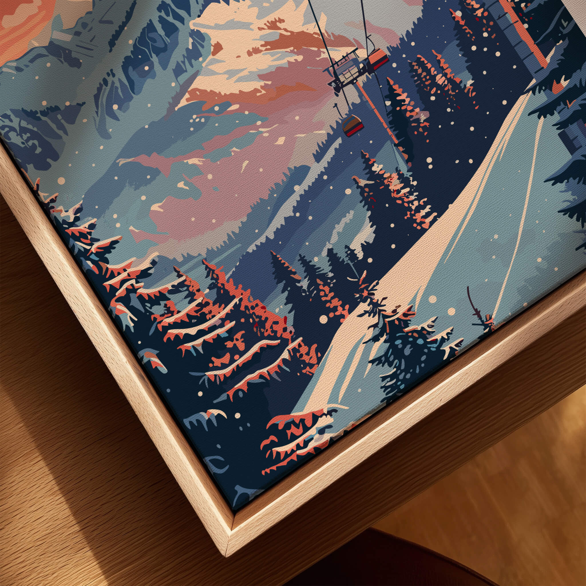 Morzine Art Print - Ski Poster featuring vibrant mountain scenery and a ski lift amidst snowy trees.
