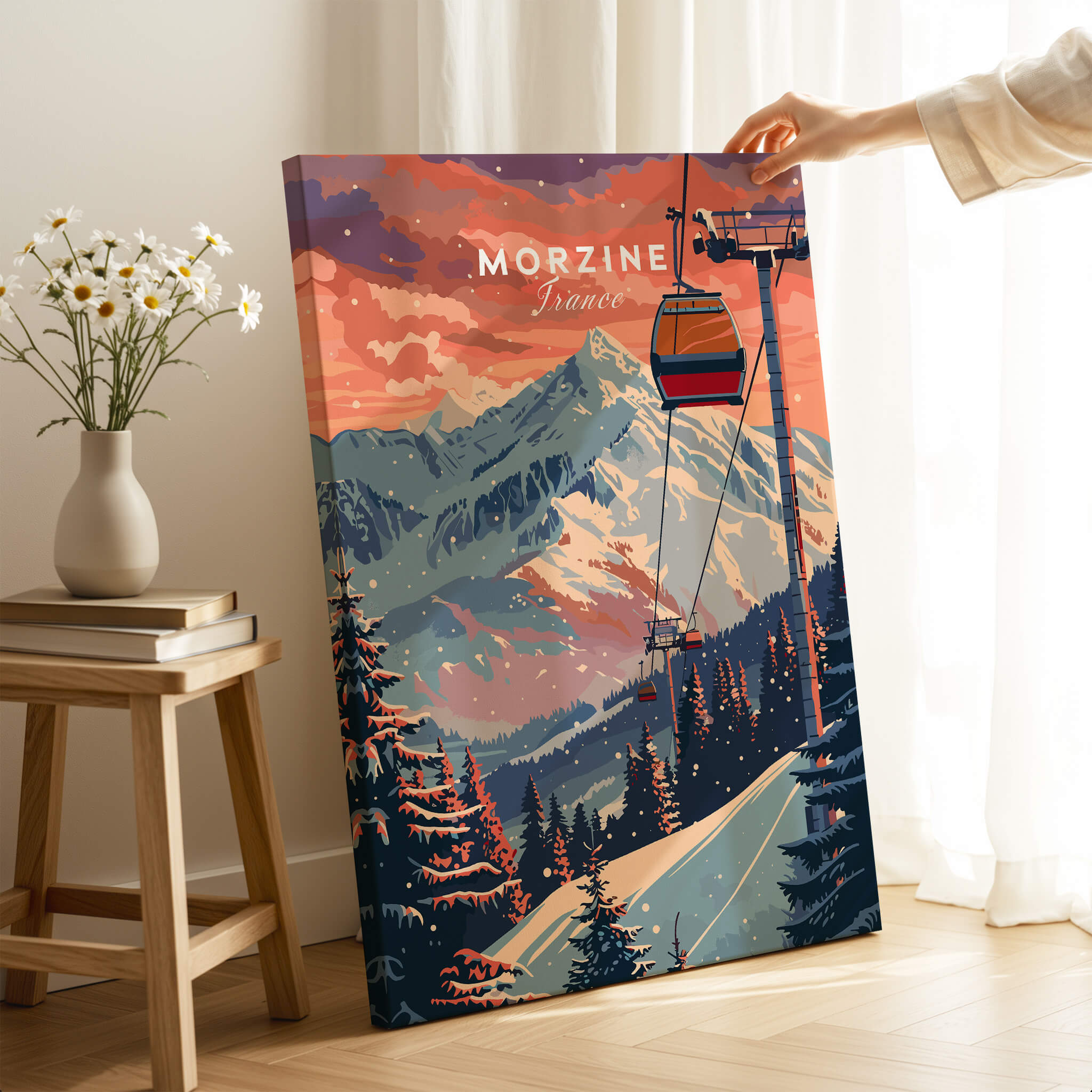 Morzine Art Print - Ski Poster featuring a ski lift in the mountains, showcasing vibrant colors and winter scenery.
