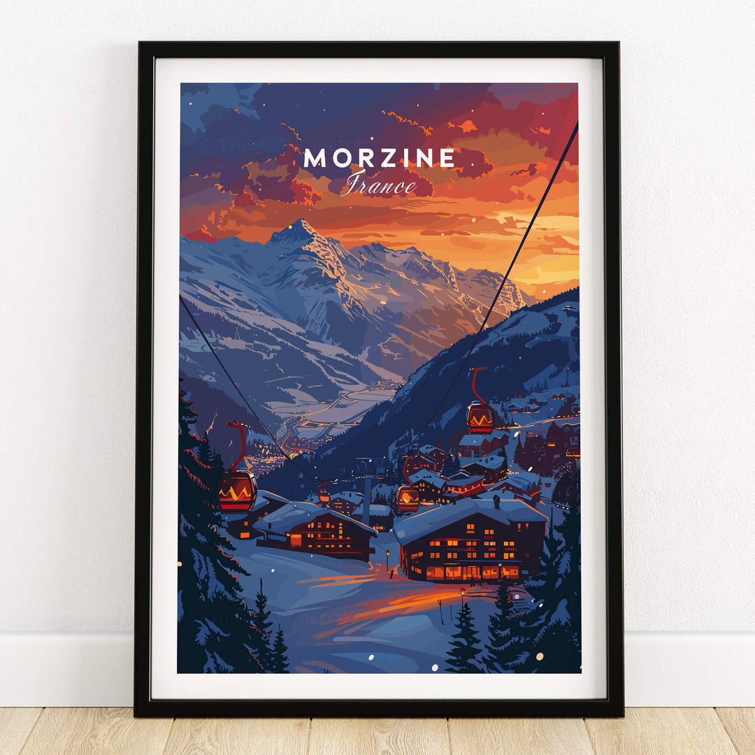 Morzine Print France - Ski Poster featuring a picturesque mountain landscape and ski lifts at sunset.