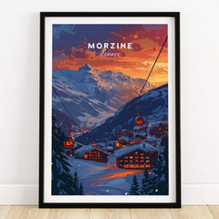 Morzine Print France - Ski Poster featuring a picturesque mountain landscape and ski lifts at sunset.