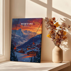 Morzine Print France - Ski Poster featuring a scenic winter landscape in the French Alps with gondolas.