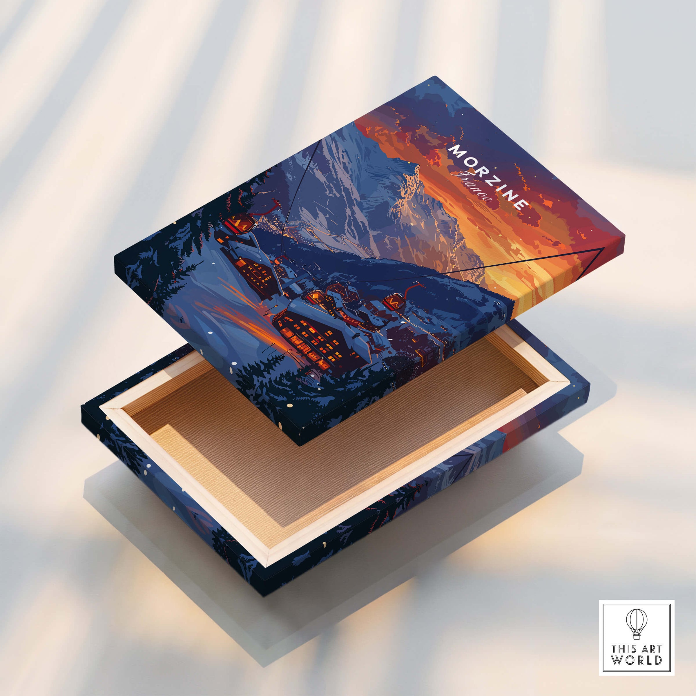 Morzine Print France - Ski Poster showcasing a vibrant mountain scene and cozy chalet from the French Alps.