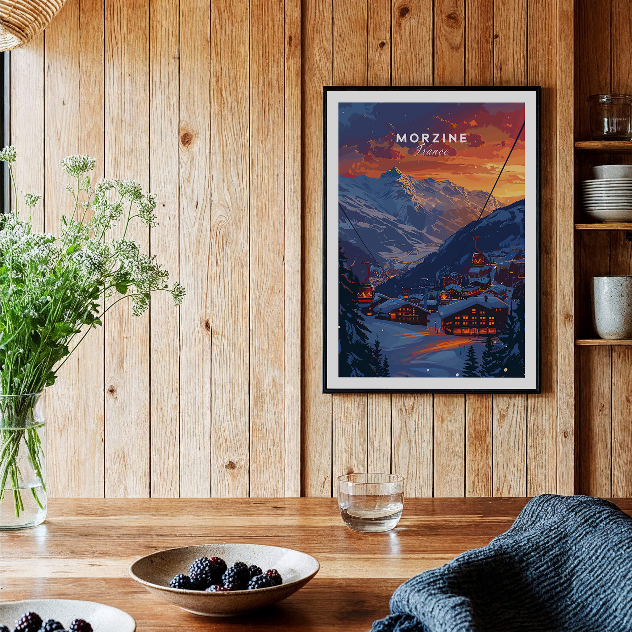 Morzine Print France - Ski Poster displayed in a cozy interior with wooden walls and natural decor.