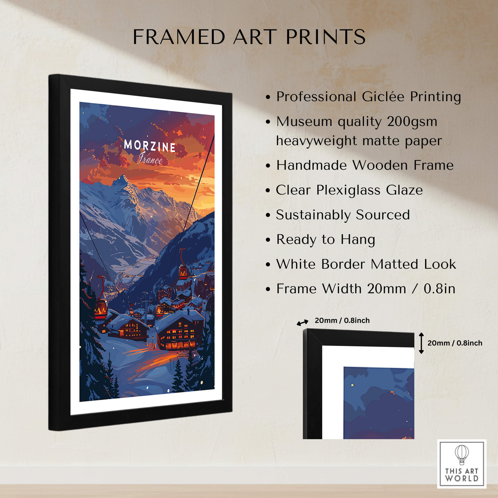Morzine Print France - Ski Poster framed wall art featuring the French Alps in vibrant colors.