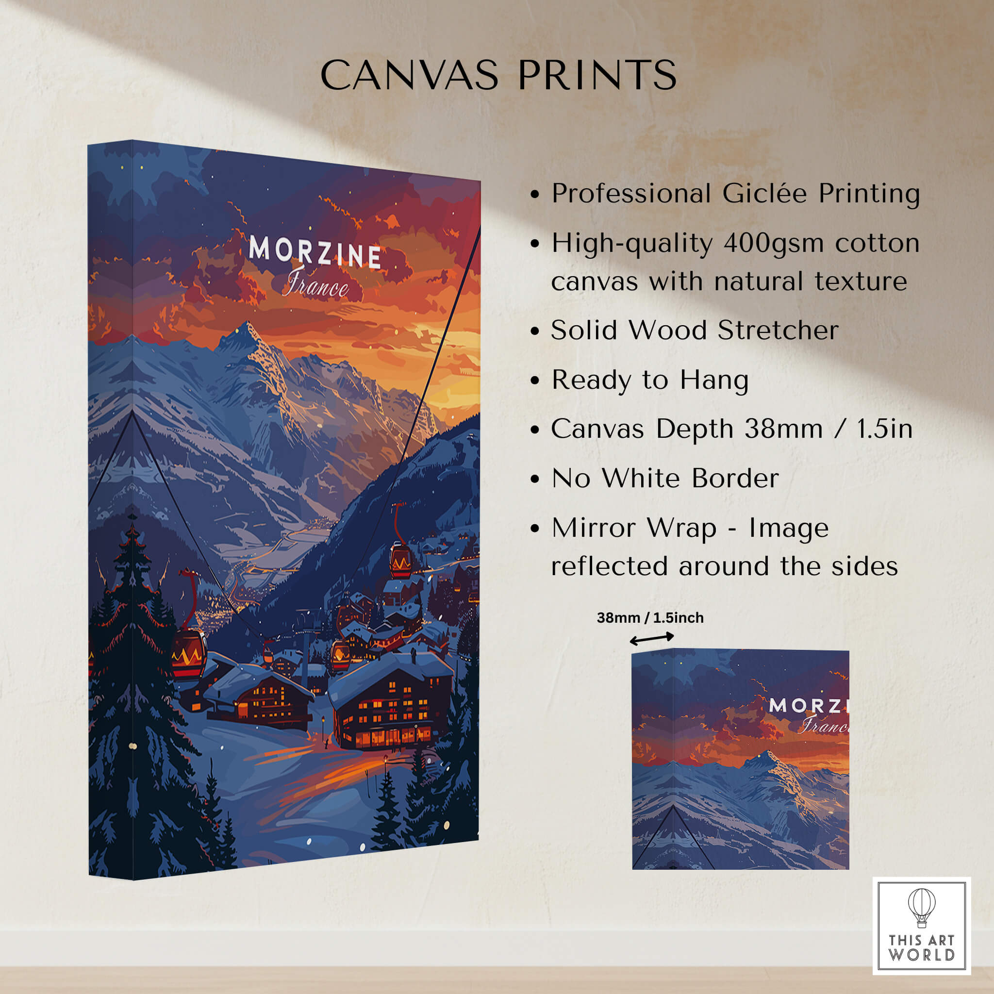 Morzine Print France - Ski Poster showcasing beautiful sunset over French Alps with ski resort in foreground.