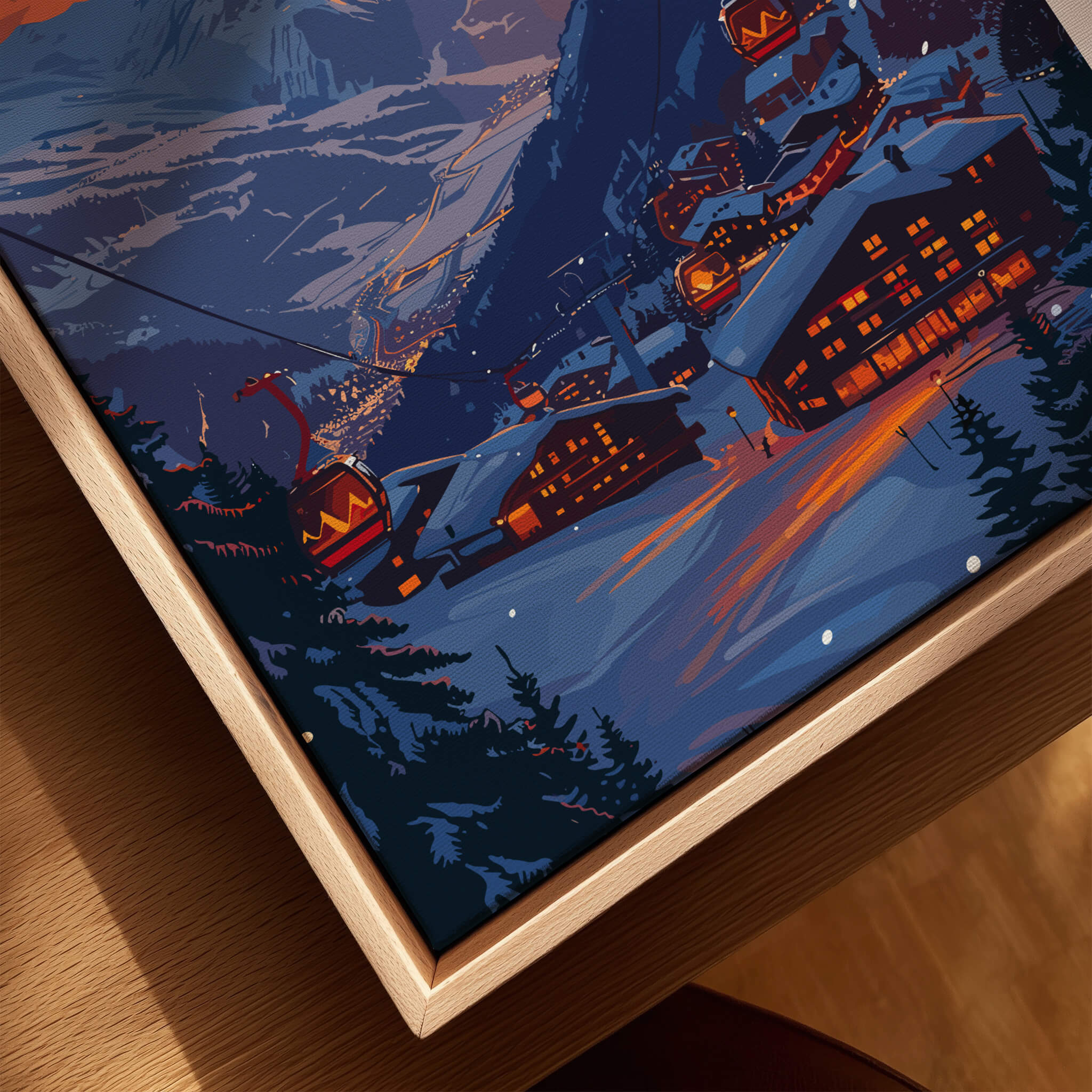 Morzine Print France - Ski Poster showcasing a picturesque snowy landscape with ski gondolas at night.