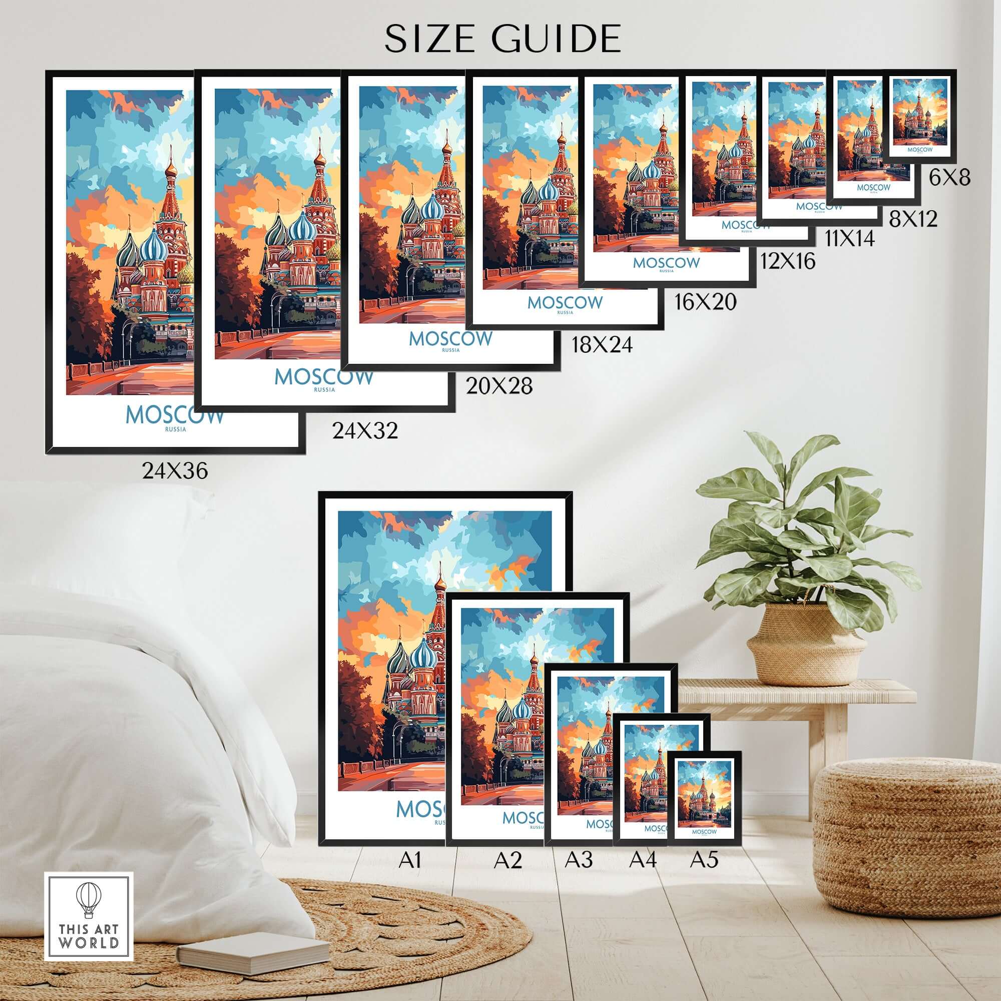 Moscow Prints for Sale - St. Basil's Cathedral Red Square size guide showcasing various print dimensions.