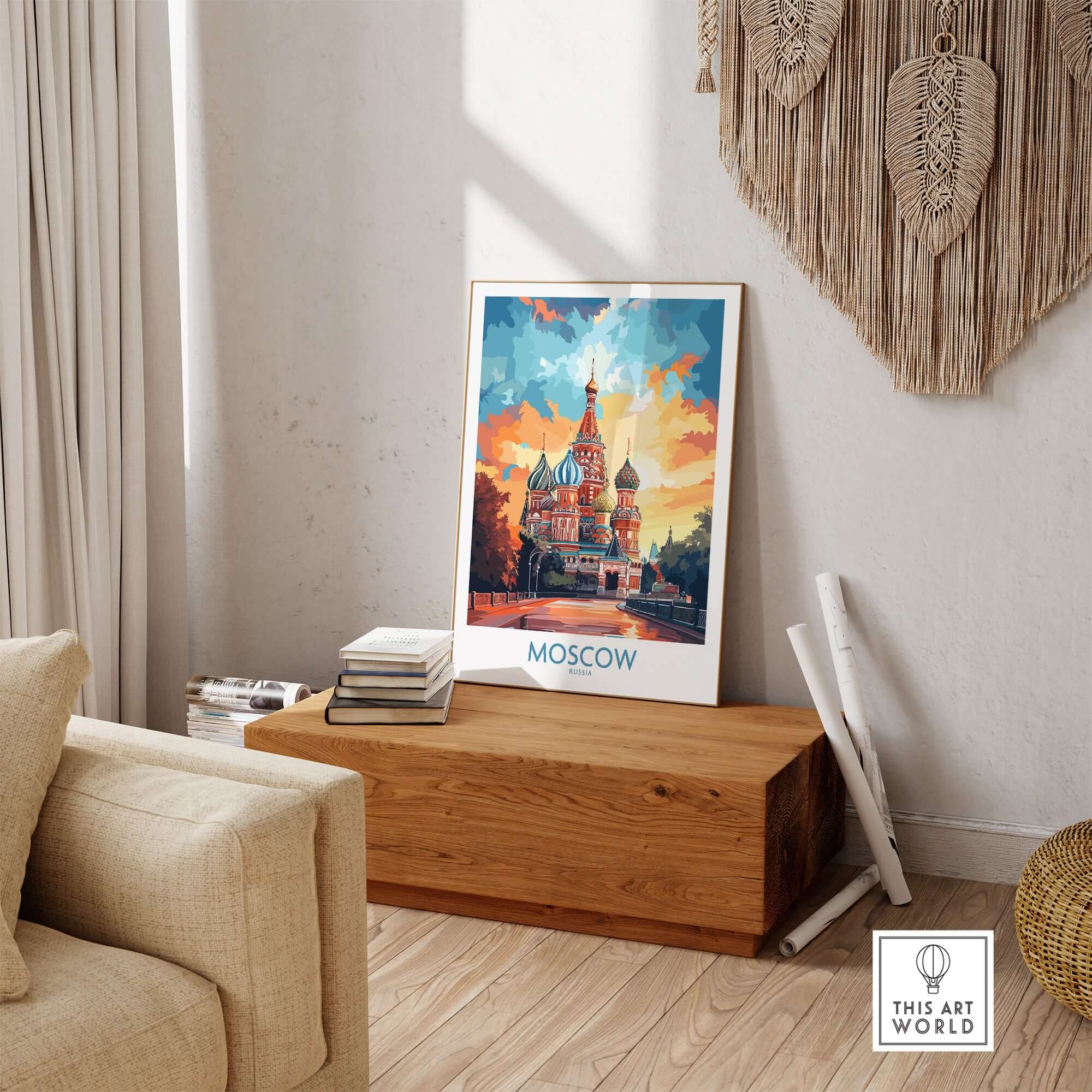 Moscow Prints for Sale - St. Basil's Cathedral Red Square displayed in a modern living room setting.