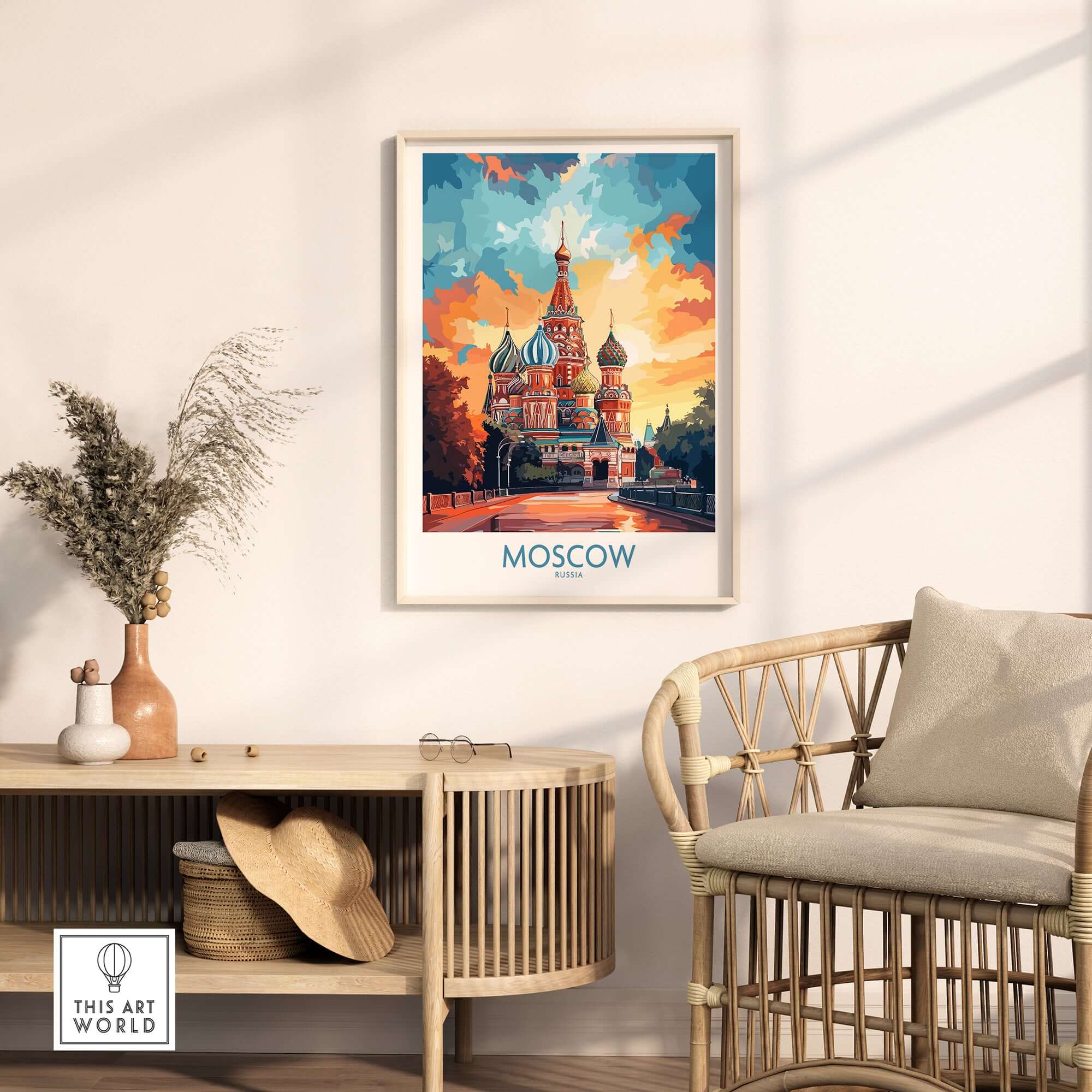 Moscow Prints for Sale - St. Basil's Cathedral Red Square artwork displayed in a modern interior setting.