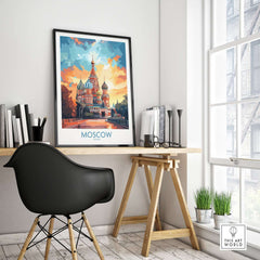 Moscow Prints for Sale - St. Basil's Cathedral Red Square framed artwork on a desk with a modern chair.