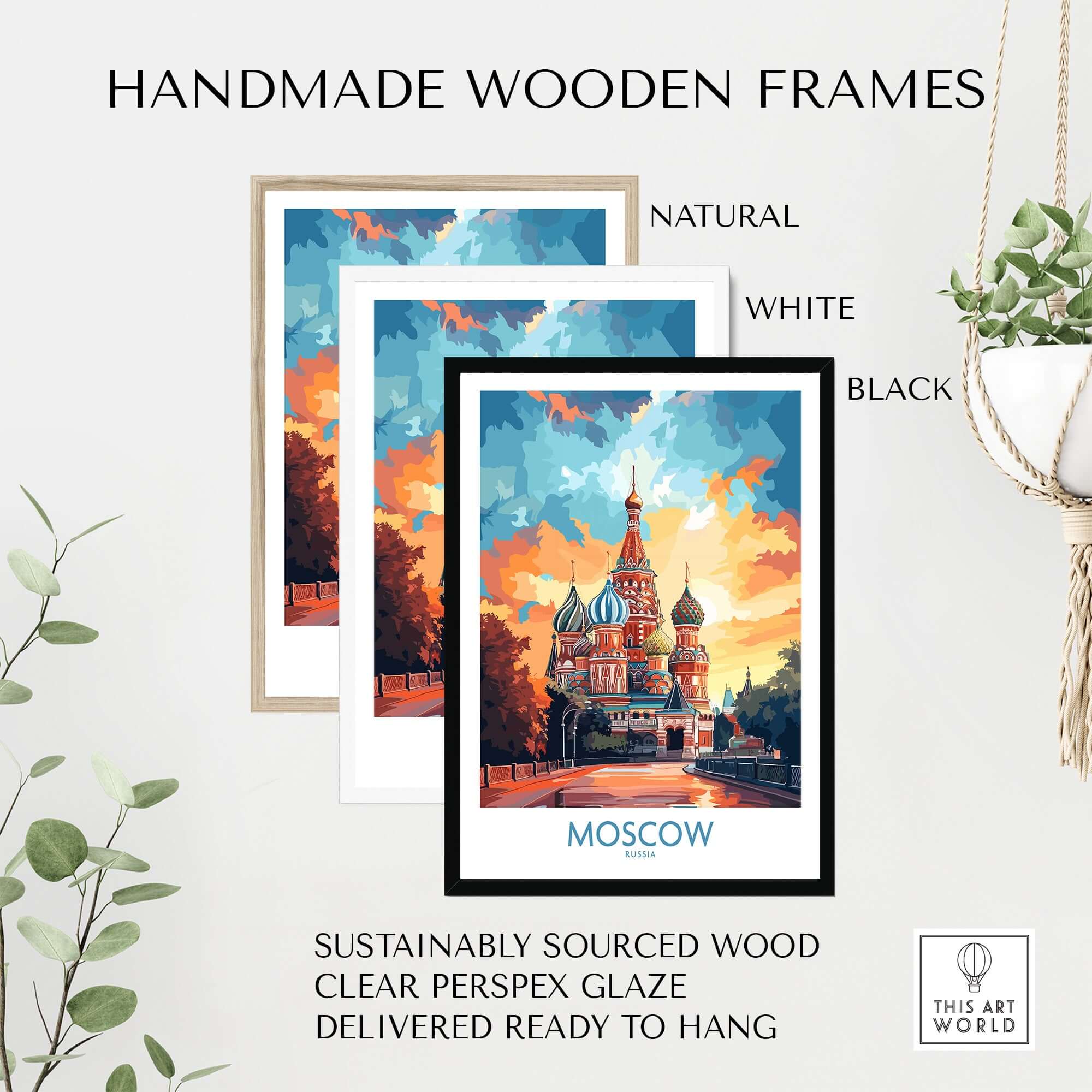 Moscow Prints for Sale - St. Basil's Cathedral Red Square framed in handmade wooden frames.