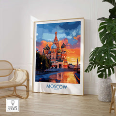 Moscow Travel Poster - St. Basil's Cathedral Wall Art displayed in a modern interior with warm sunset hues.