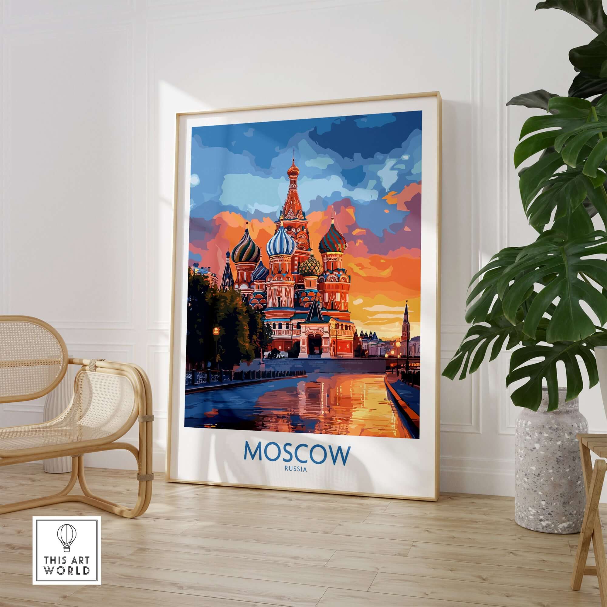 Moscow Travel Poster - St. Basil's Cathedral Wall Art displayed in a modern interior with warm sunset hues.
