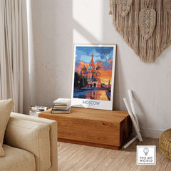 Moscow Travel Poster - St. Basil's Cathedral Wall Art displayed in a stylish living room setting.