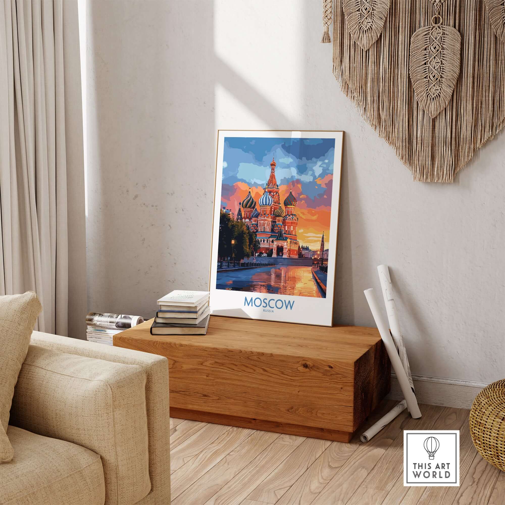 Moscow Travel Poster - St. Basil's Cathedral Wall Art displayed in a stylish living room setting.
