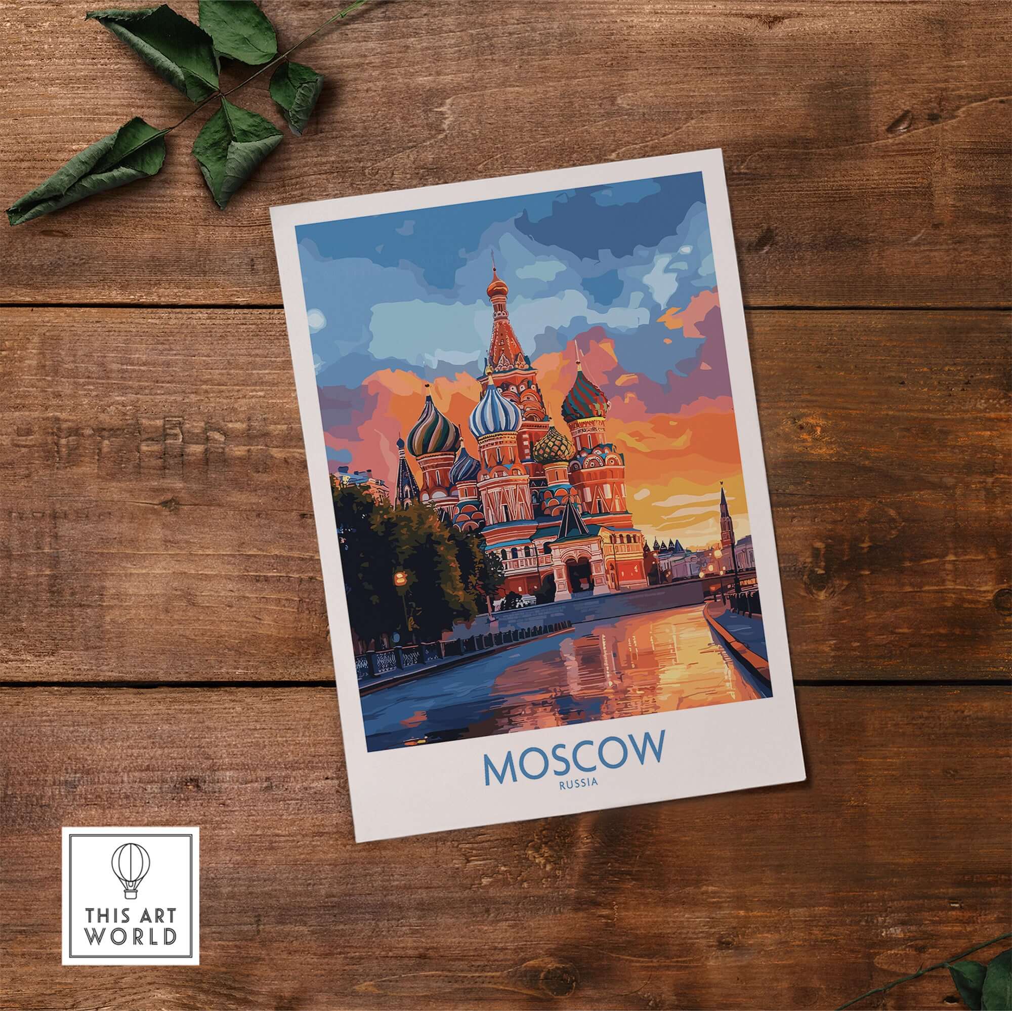 Moscow Travel Poster - St. Basil's Cathedral Wall Art showcasing vibrant colors and reflections on water.