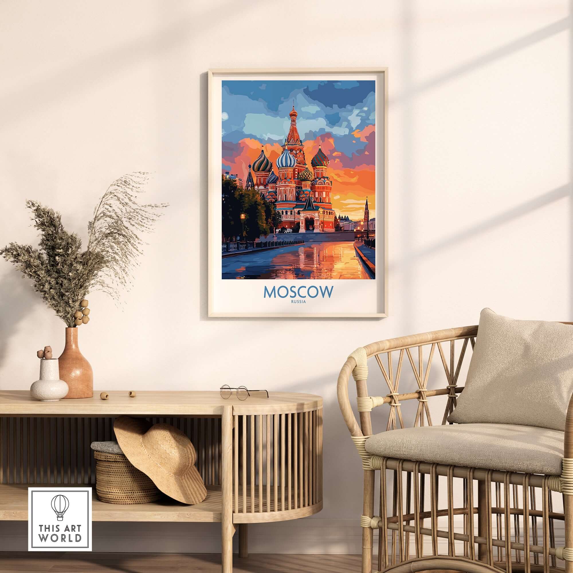 Moscow Travel Poster - St. Basil's Cathedral Wall Art displayed in a stylish interior setting with warm lighting.