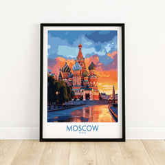 Moscow Travel Poster - St. Basil's Cathedral Wall Art showcasing vibrant sunset colors.