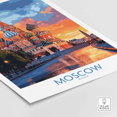 Moscow Travel Poster - St. Basil's Cathedral Wall Art showcasing vibrant colors and reflections on the river.