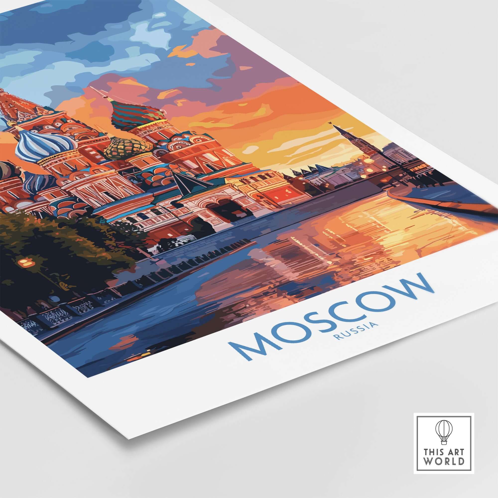 Moscow Travel Poster - St. Basil's Cathedral Wall Art showcasing vibrant colors and reflections on the river.