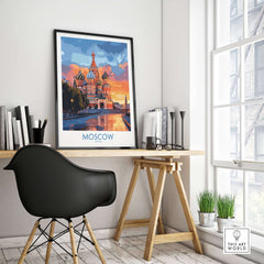 Moscow Travel Poster - St. Basil's Cathedral Wall Art displayed in a stylish office setting with vibrant colors.